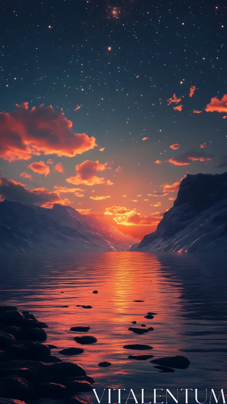 High dynamic range sunset over glacial fjord with specular water