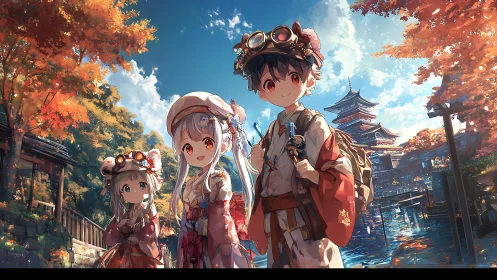 Kimono-clad children explore riverside shrine in autumn light.