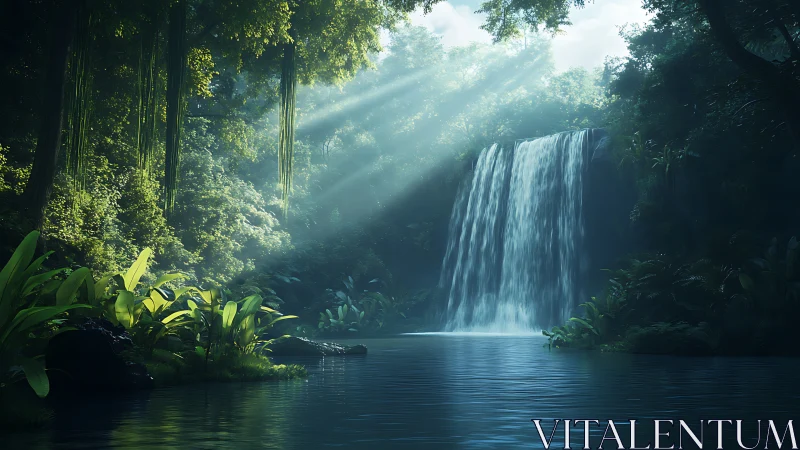 Cascading waterfall framed by rainforest canopy with volumetric light.