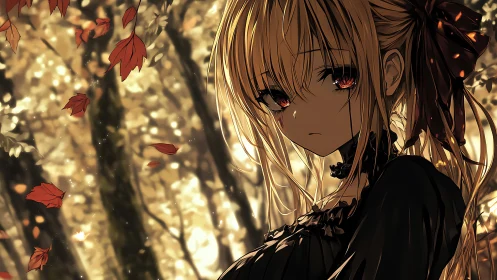 Melancholy autumn girl beneath a storm of ember leaves.