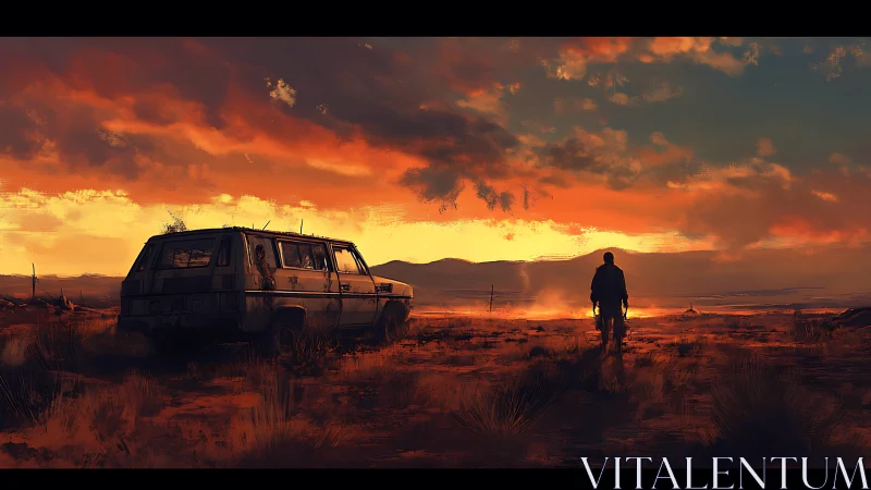 Solitary figure crossing post-apocalyptic desert at dusk