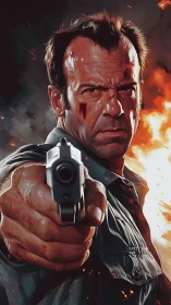 Close-up digital action portrait of armed wounded man