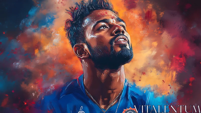 Male cricket player portrait in saturated digital painting.