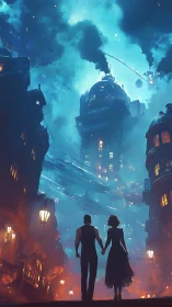 Couple observing luminous steampunk city skyline at night.