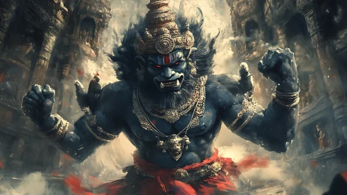 Fierce blue warrior god roars with power in ancient ruins