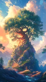 Luminous arboreal summit atop chromatic mountain path.