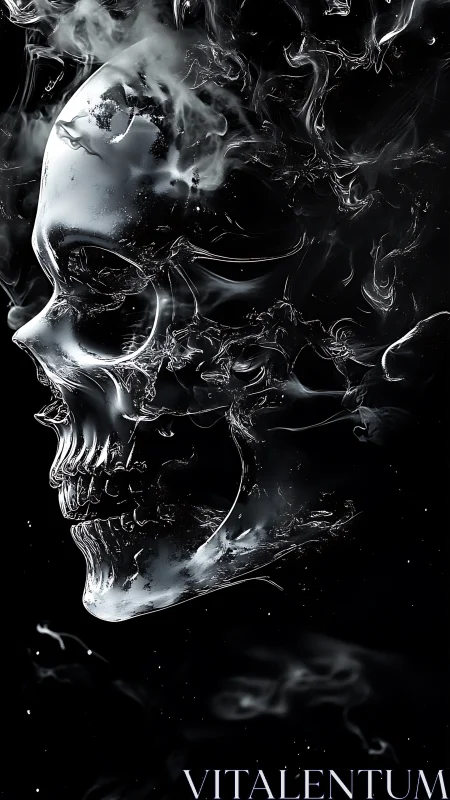 Smoky glass skull dissolves into swirling monochrome void