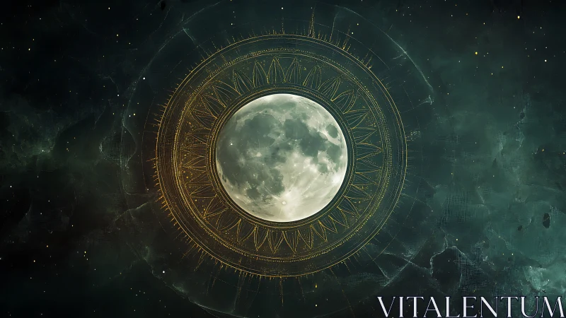 Clockwork moon drifts within a glowing celestial mandala gate