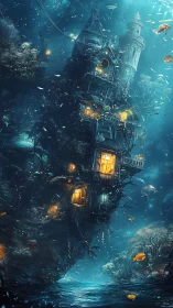 Submerged Victorian tower house glows amid bioluminescent reef