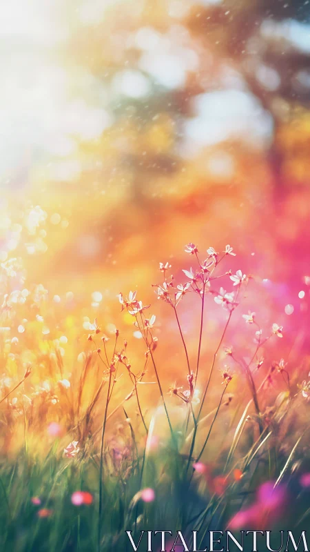 Backlit wildflower meadow with shallow depth and bokeh glow