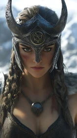 Fierce winter warrior gazes forward with quiet resolve.