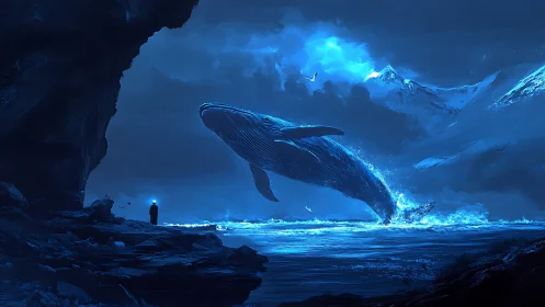 Giant whale breaches under icy mountains in blue twilight