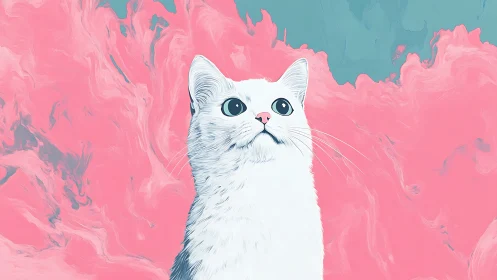 White Cat Against Swirling Pink Sky.