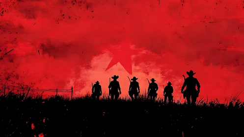 Cowboy silhouettes advancing under a bold crimson star.