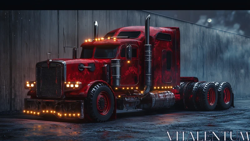 Crimson long‑haul semi truck under moody industrial lights.