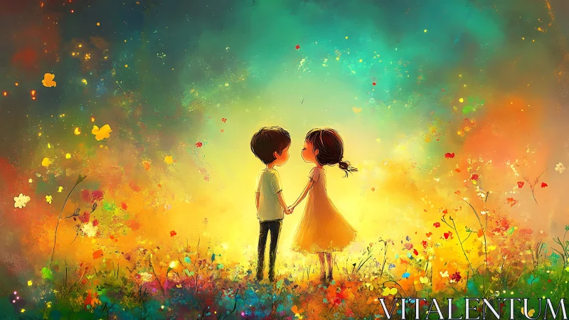 Two Children Holding Hands in Luminous Flower Field at Sunset