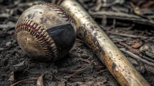 Weathered baseball and bat resting on gritty infield dirt.