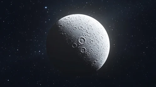 Rendered lunar body shows cratered surface in stark profile