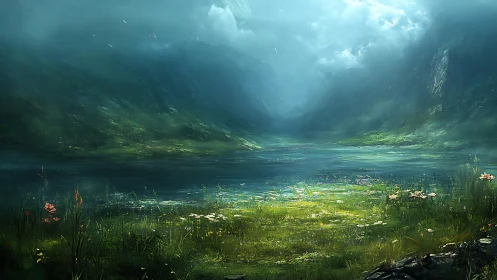 Misty mountain lake with wildflower shoreline at dawn.