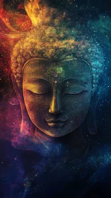 Cosmic Buddha portrait in neon gradients and swirling linework.