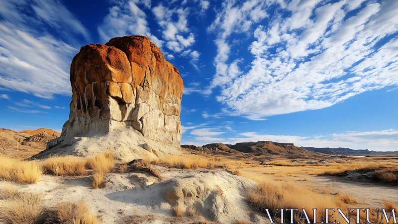 Monolithic sandstone butte under stratified cirrus cloud field