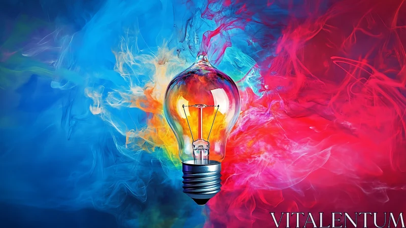 Vibrant glass lightbulb glows amid swirling color smoke