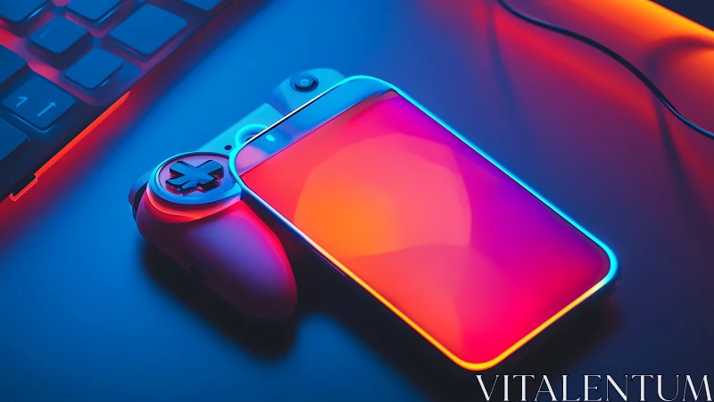 Gaming Controller and Smartphone with Neon Lighting.