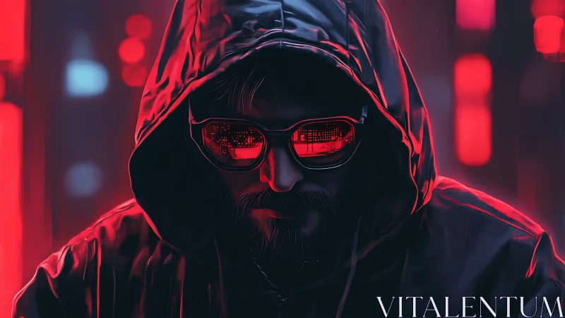 Hooded cyberpunk hacker with neon red reflections in shades.