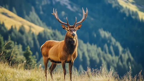 Antlered mountain sentinel paused in sunlit alpine hush.