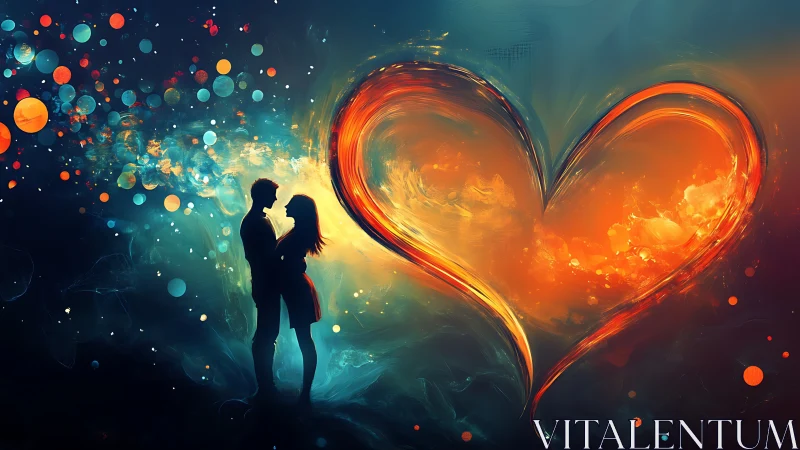 Silhouetted couple figures positioned before luminous heart form with particle effects.