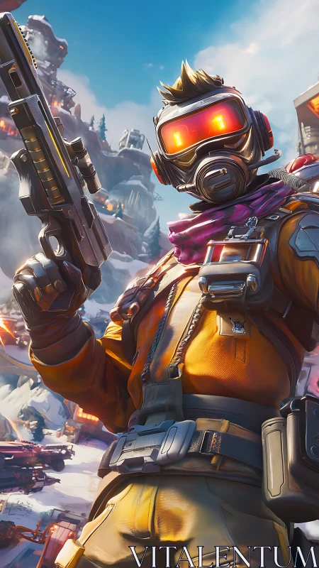 Cyberpunk space raider with blaster in snowy outpost.