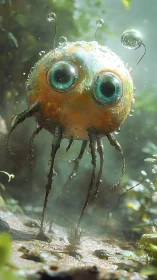 Orb-eyed alien creature explores wet forest floor.