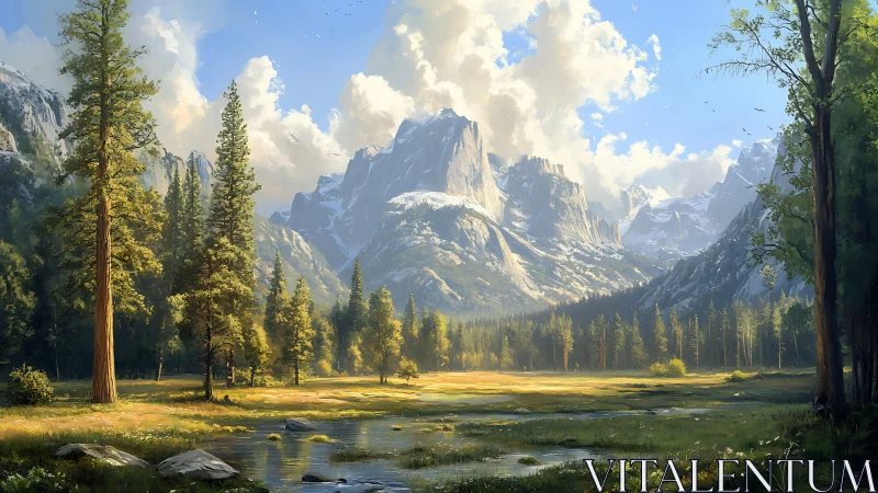 Digital painting landscape with alpine valley and pines.
