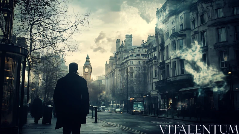 Noir cityscape merges foggy London street with spectral light