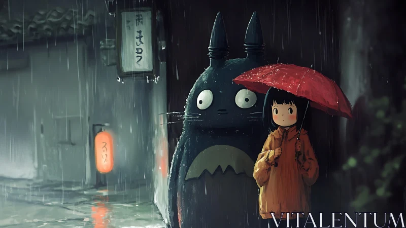 Girl and forest spirit share a red umbrella in gentle rain