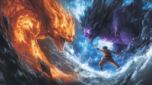 Elemental beasts converging around lone ninja warrior.