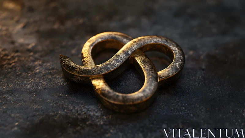 Golden metallic infinity symbol on textured dark surface, 3D render.
