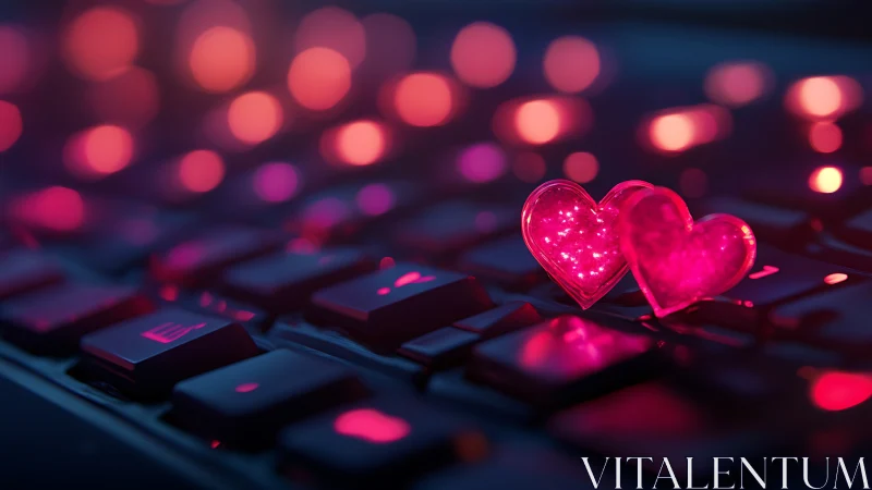 Neon Heart Bokeh on Dark Keyboard Surface.