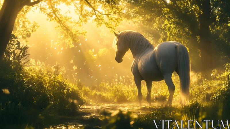 Sunlit white unicorn stands in glowing forest path.