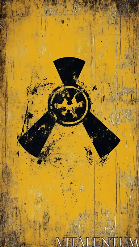 Distressed radiation warning emblem on yellow field.