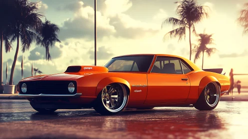 Low-slung orange muscle car rendered with cinematic rim lighting