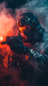 Tactical operator in red blue smoke, carbine aimed mid-action.