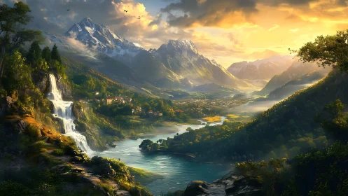 Sunlit alpine valley holds terraced waterfall and village