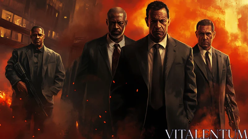 Stoic enforcers walking through a wall of cinematic fire.