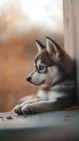 Husky puppy rests against wooden surface in soft warm light