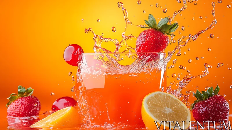 Strawberries splash into citrus juice against vivid orange