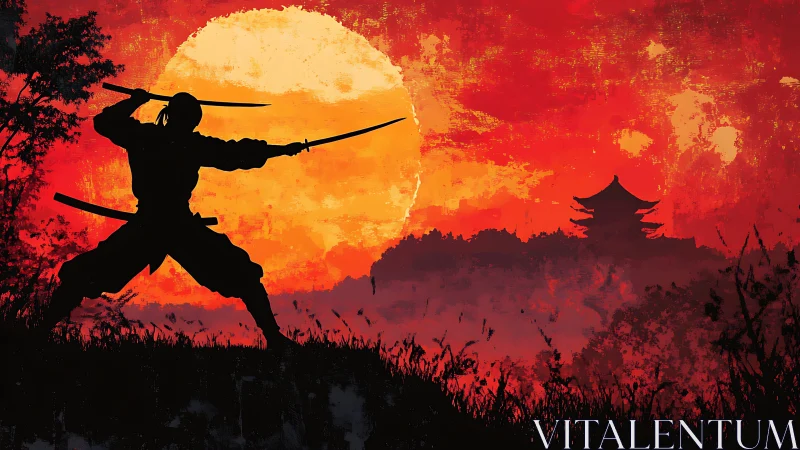 Twin-blade samurai silhouette duels the molten sunset sky.