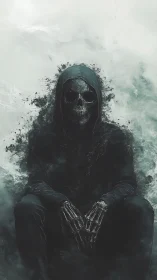 Hooded skeletal figure dissolves into smoky particulate haze