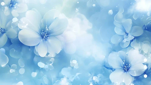 Rendered floral composition with blue and white petals in soft focus