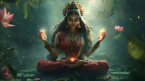 Seated robed woman in lotus pose with glowing orbs in forest.